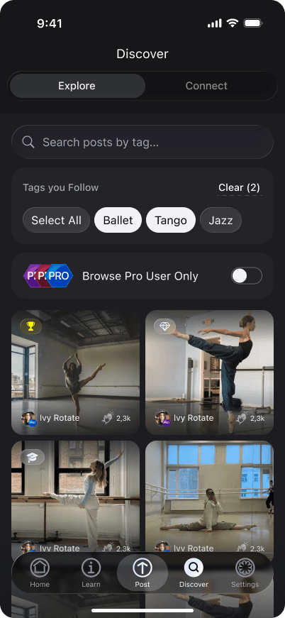 Qoria Explore screen with ballet, tango and jazz tag filters and a 4-up grid of creator videos