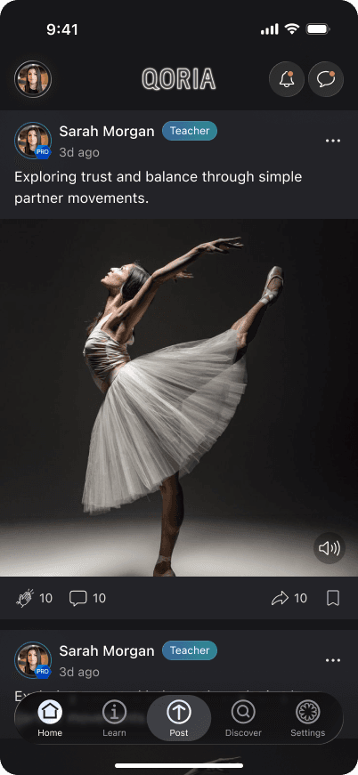 Qoria Home feed with a ballet post by a verified teacher